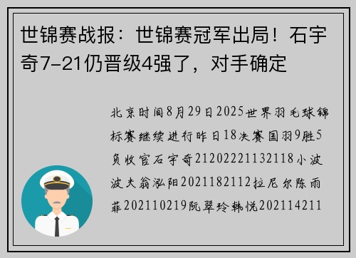 世锦赛战报：世锦赛冠军出局！石宇奇7-21仍晋级4强了，对手确定
